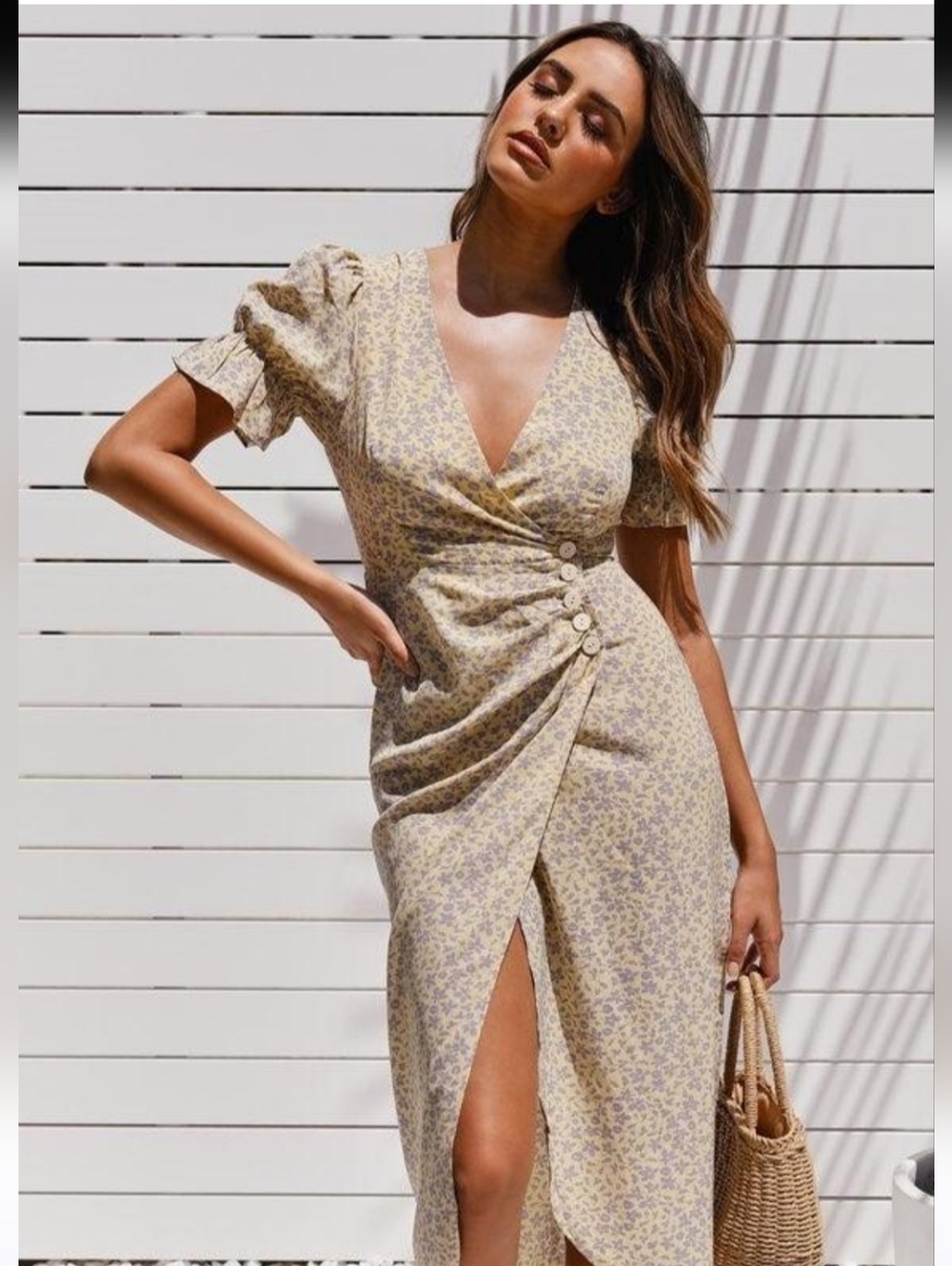 Seven Wonder Callie Wrapping Midi Dress Gray And Yellow Size 10